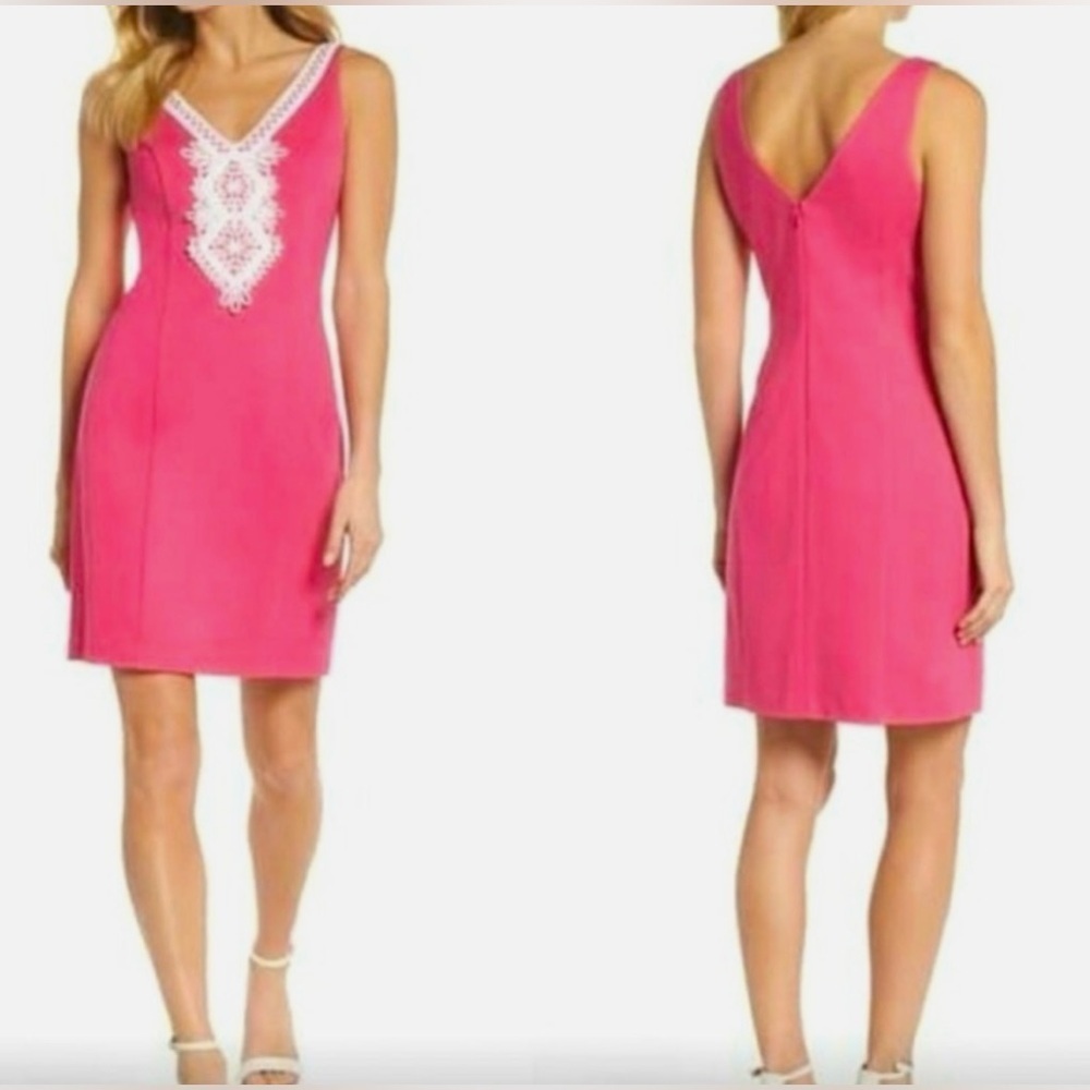 Eliza J Embroidered V-Neck Shift Dress Bright Barbie Pink Sleeveless Ponte EUC